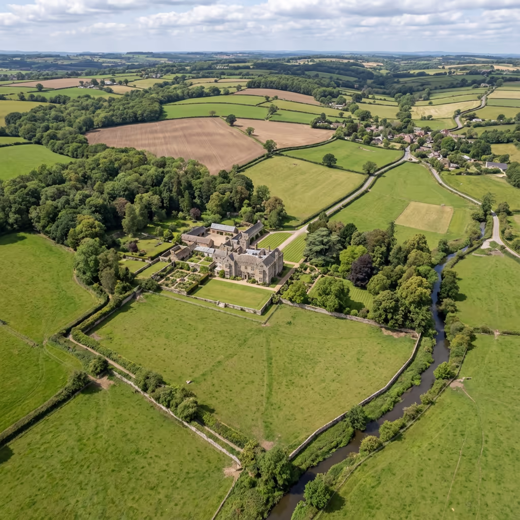 Large estate drone view showing complete land boundaries