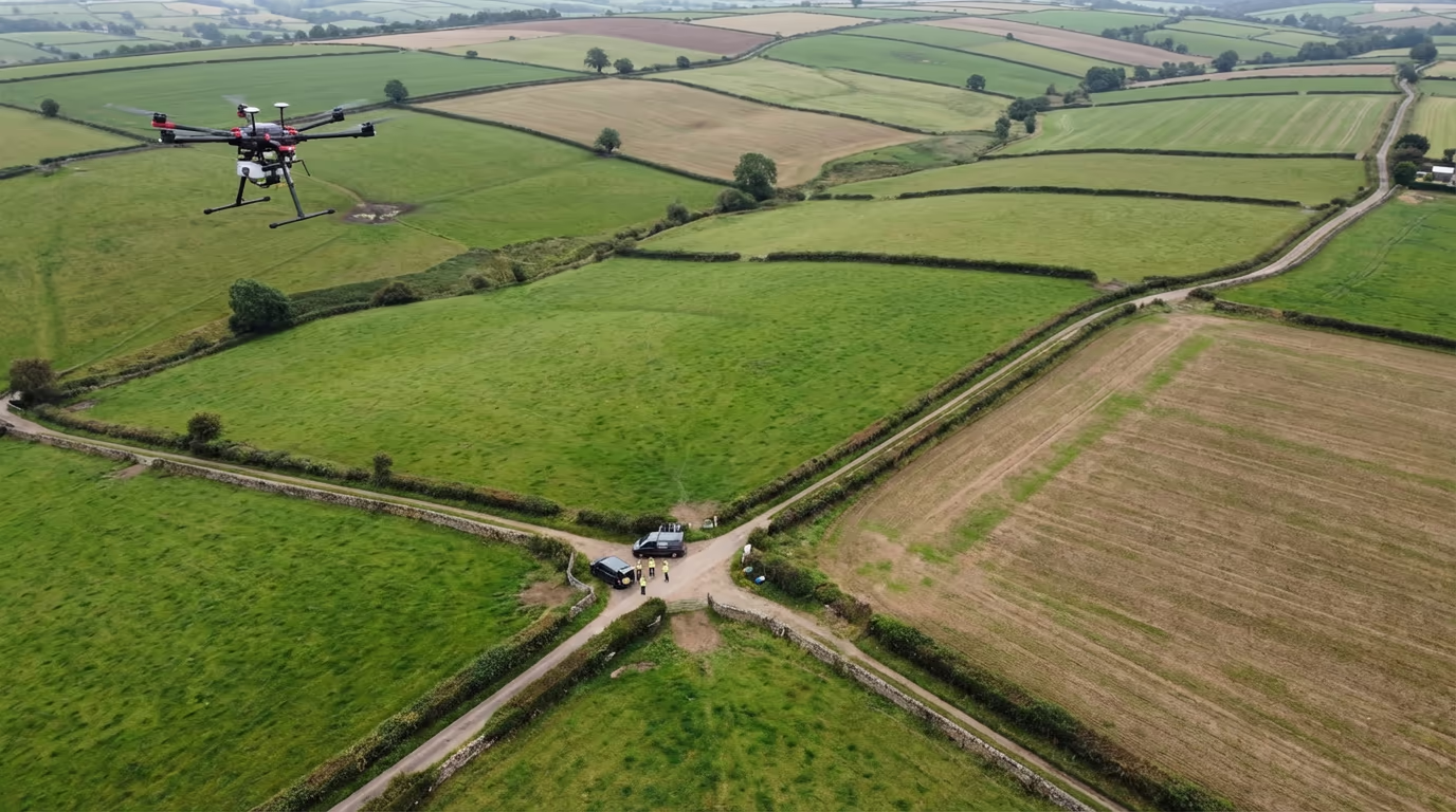 Drone photography of UK farmland for land survey showing fields and boundaries