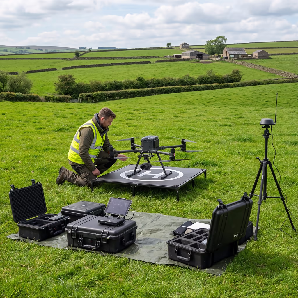 Drone pilot preparing for land survey flight in UK field