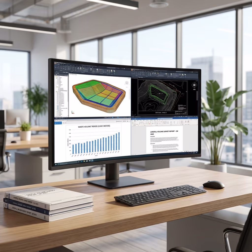 Computer screen displaying landfill volume reports and 3D cell models