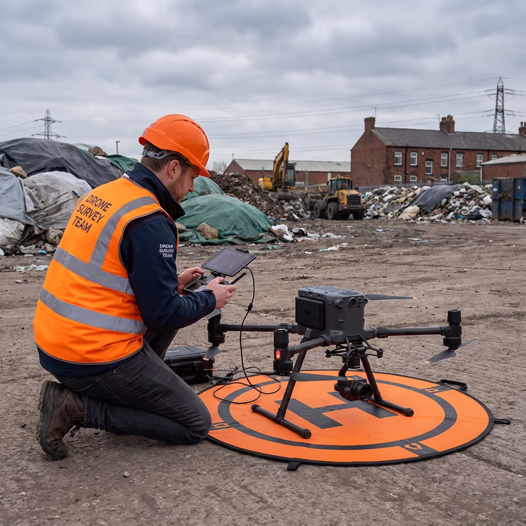 Drone pilot preparing equipment for landfill survey at waste management site