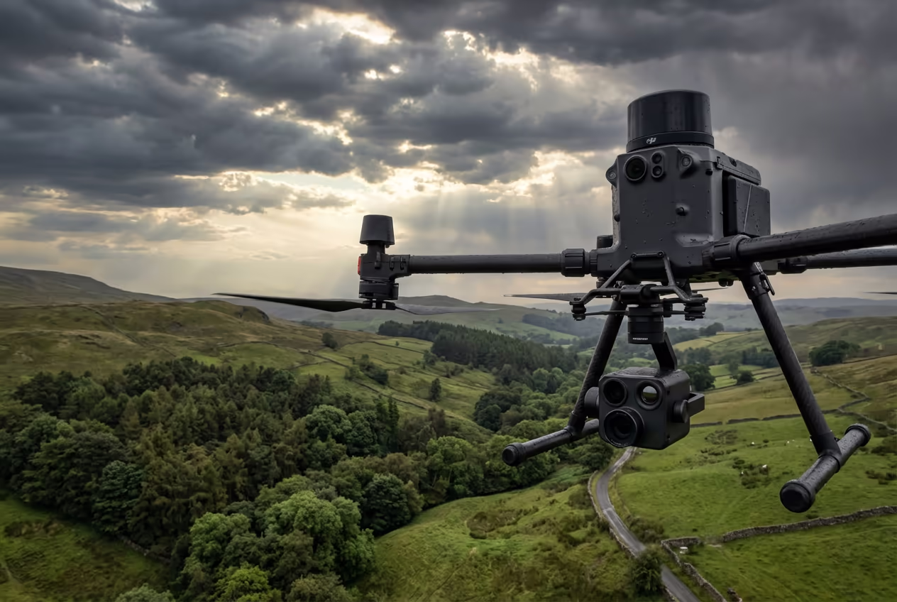 DJI Matrice 350 drone with LiDAR sensor flying over British woodland