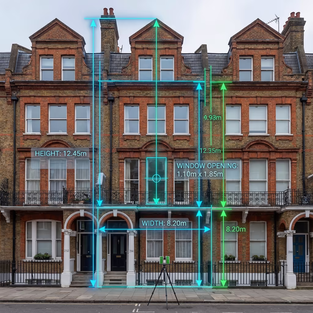 Building facade with precise measurement accuracy markers and dimensions