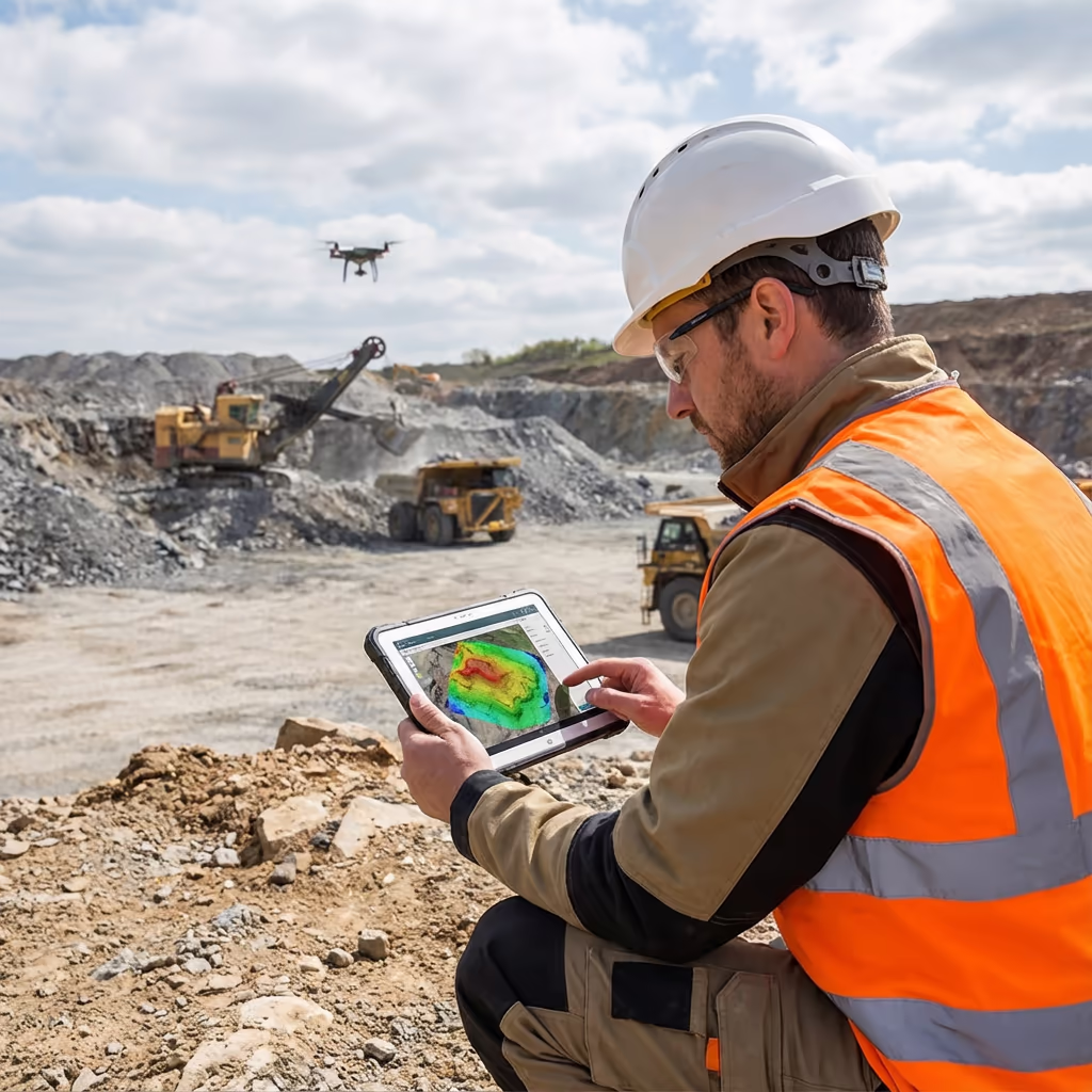 Surveyor reviewing drone mining survey data on tablet at quarry site