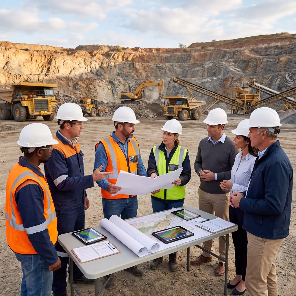Survey team meeting with mining operations client at quarry site