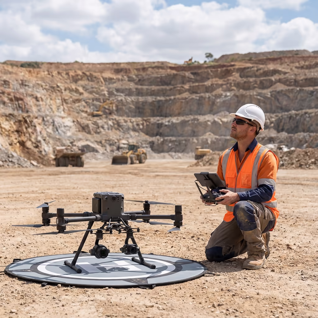 Drone pilot at mining site preparing DJI drone for survey flight