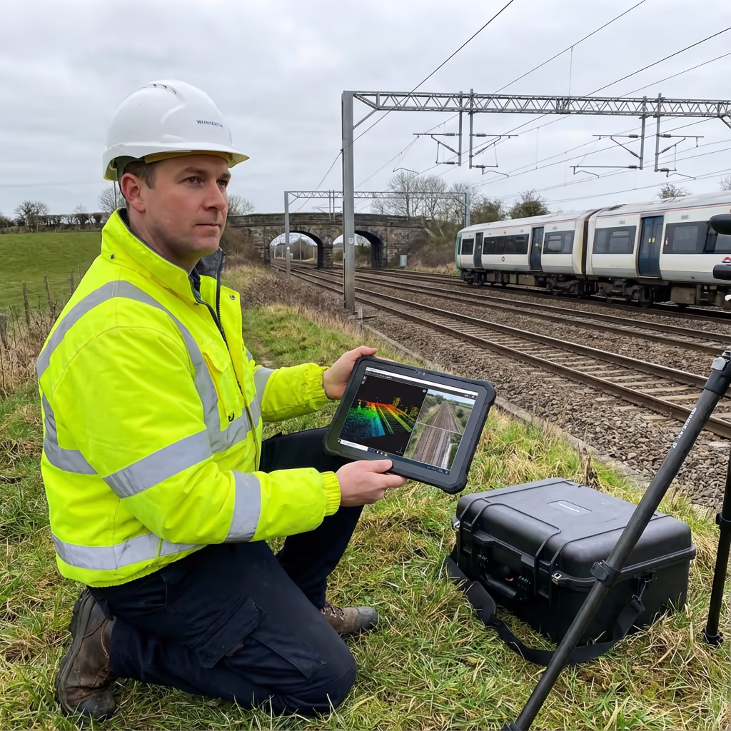 Surveyor reviewing drone railway survey data on tablet