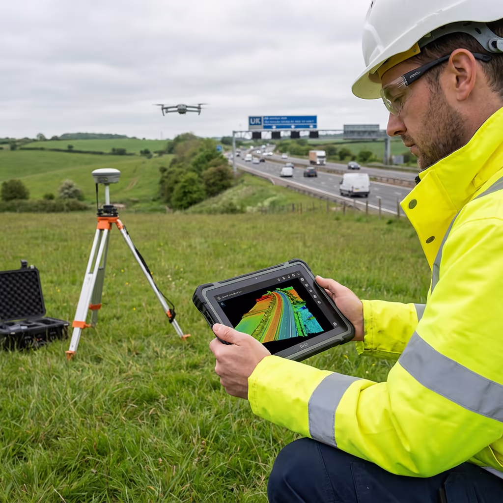 Surveyor reviewing drone road survey data on tablet beside UK highway