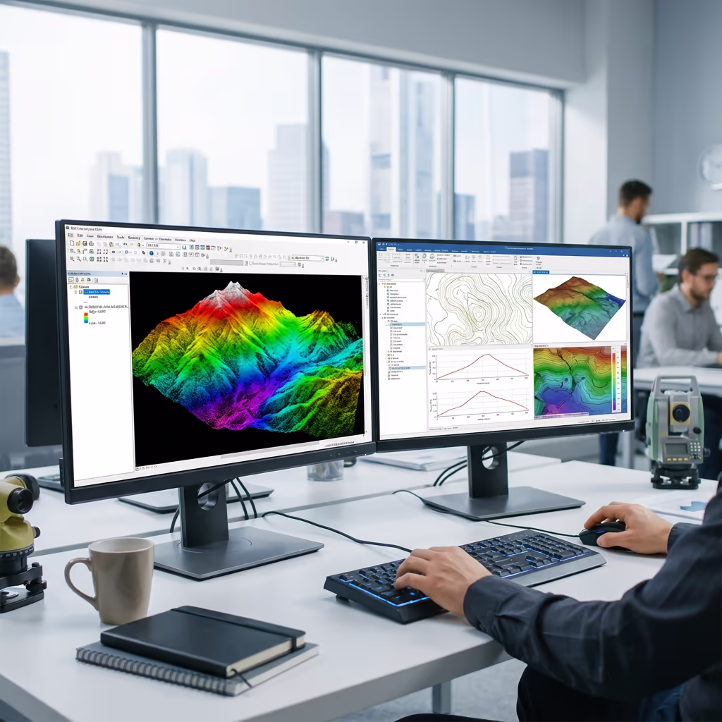 Computer screen displaying road survey CAD drawings and cross-sections