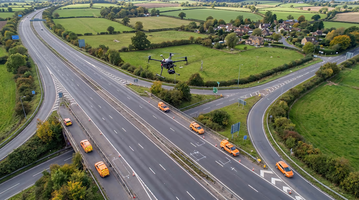 Drone view of UK motorway network during road survey