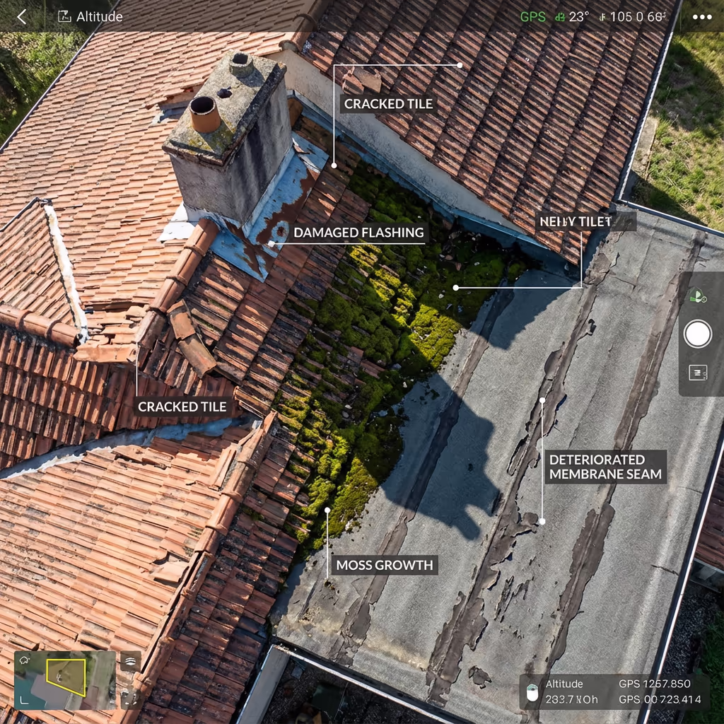 High-resolution close-up of roof detail showing defect identification