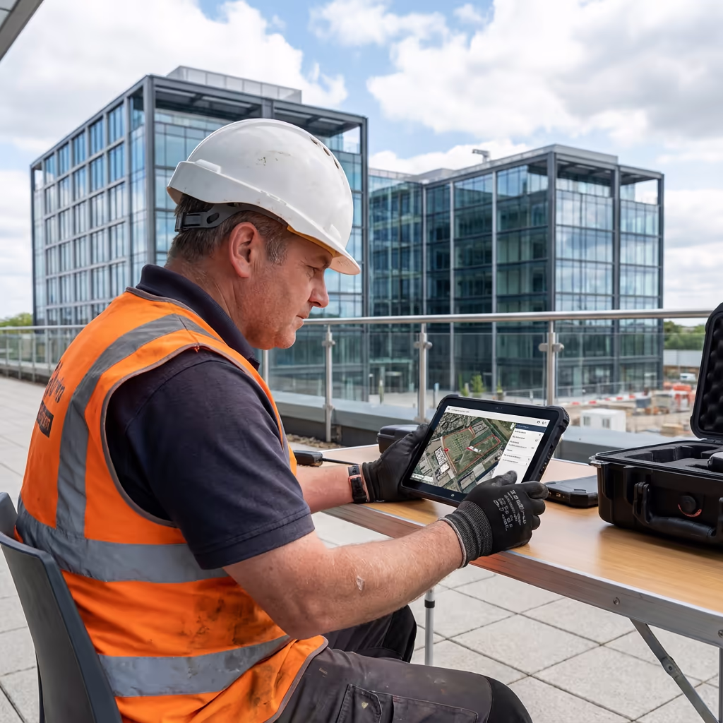 Surveyor reviewing drone roof survey data on tablet device