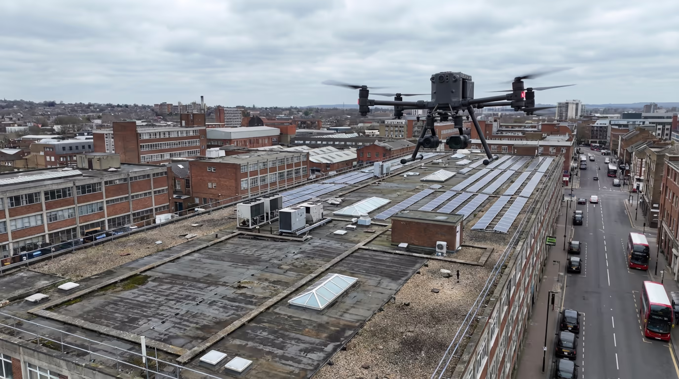 Professional drone inspecting large commercial roof in the UK