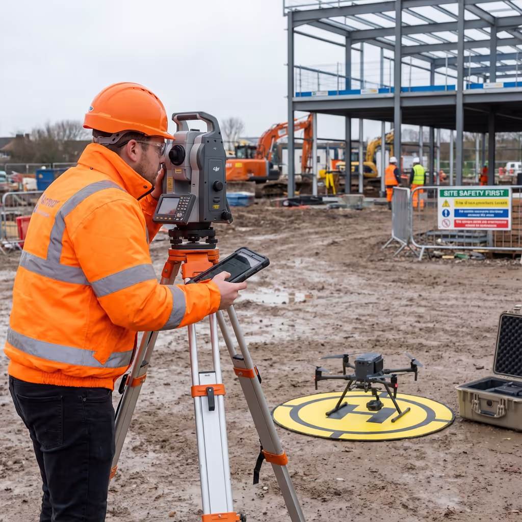 Surveyor with total station and drone at UK construction site for setting out