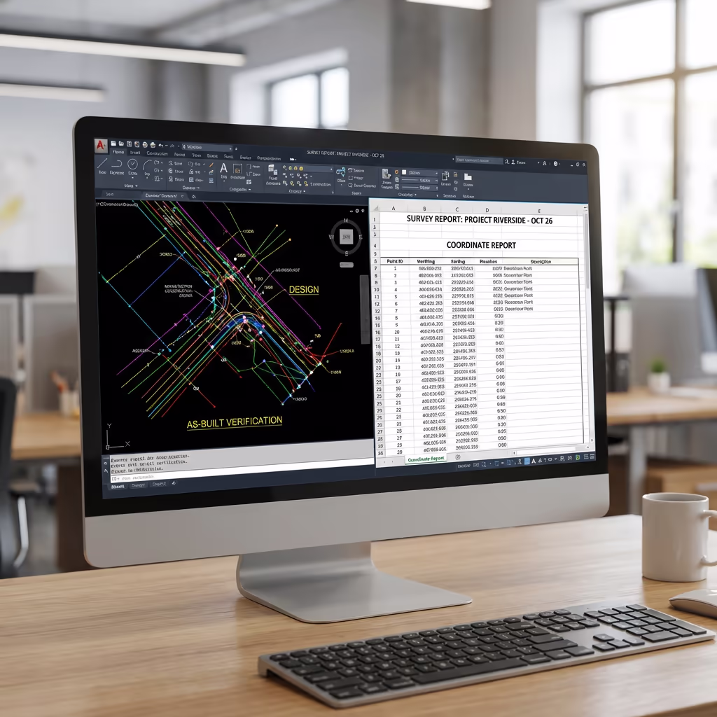 Setting out survey report with coordinates and as-built verification on screen