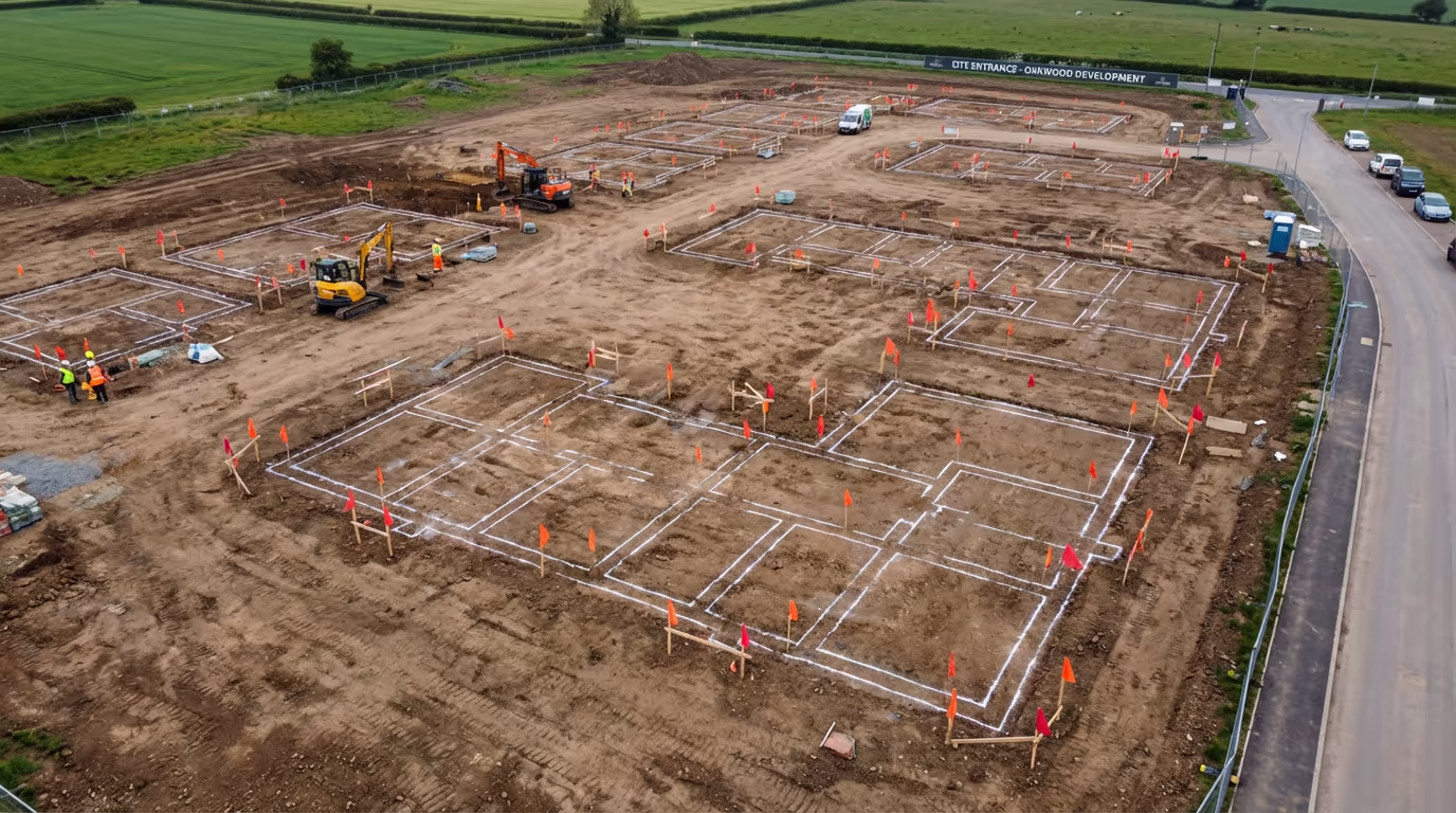Drone view of construction site with setting out markers visible for drone survey