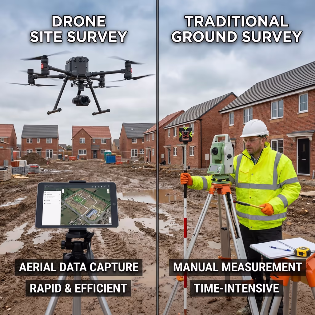 Drone site survey vs traditional ground survey comparison showing modern efficiency