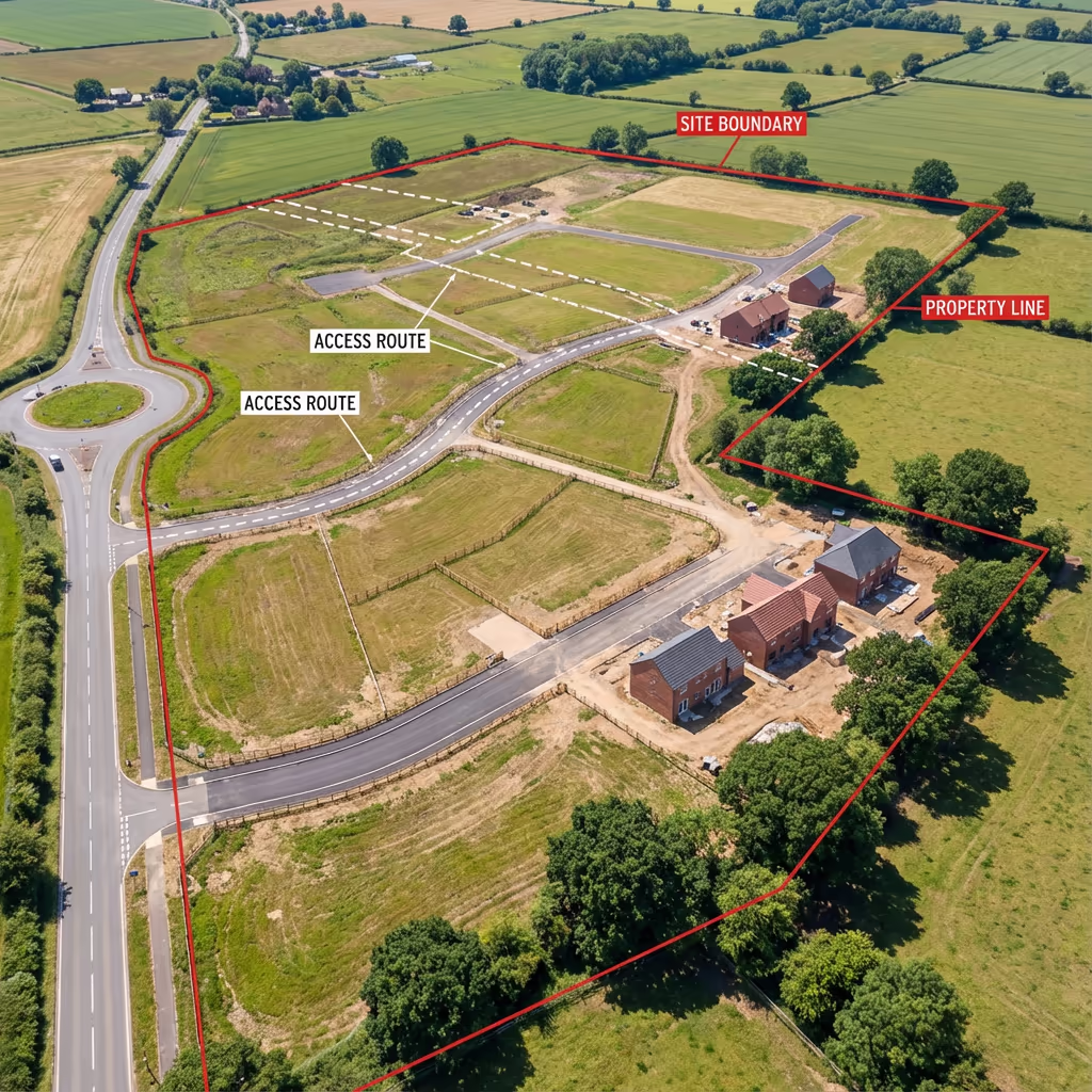 Complete site overview showing all features boundaries access routes from drone