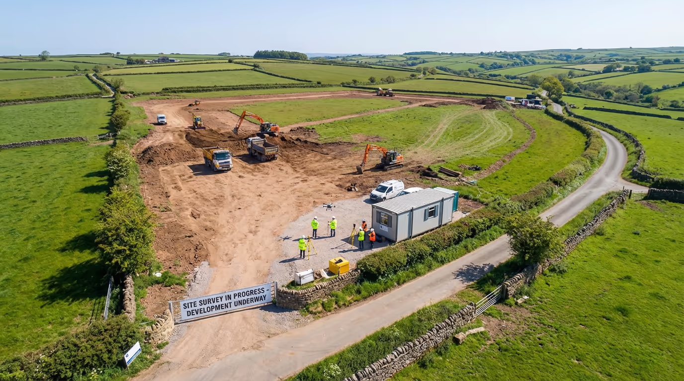 Drone photography of UK development site with comprehensive site survey in progress