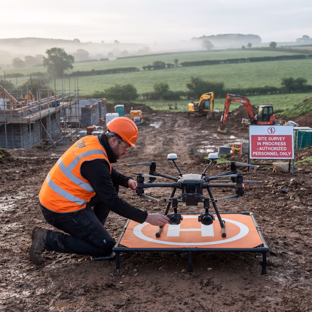 Drone pilot preparing for site survey flight at UK development with professional equipment