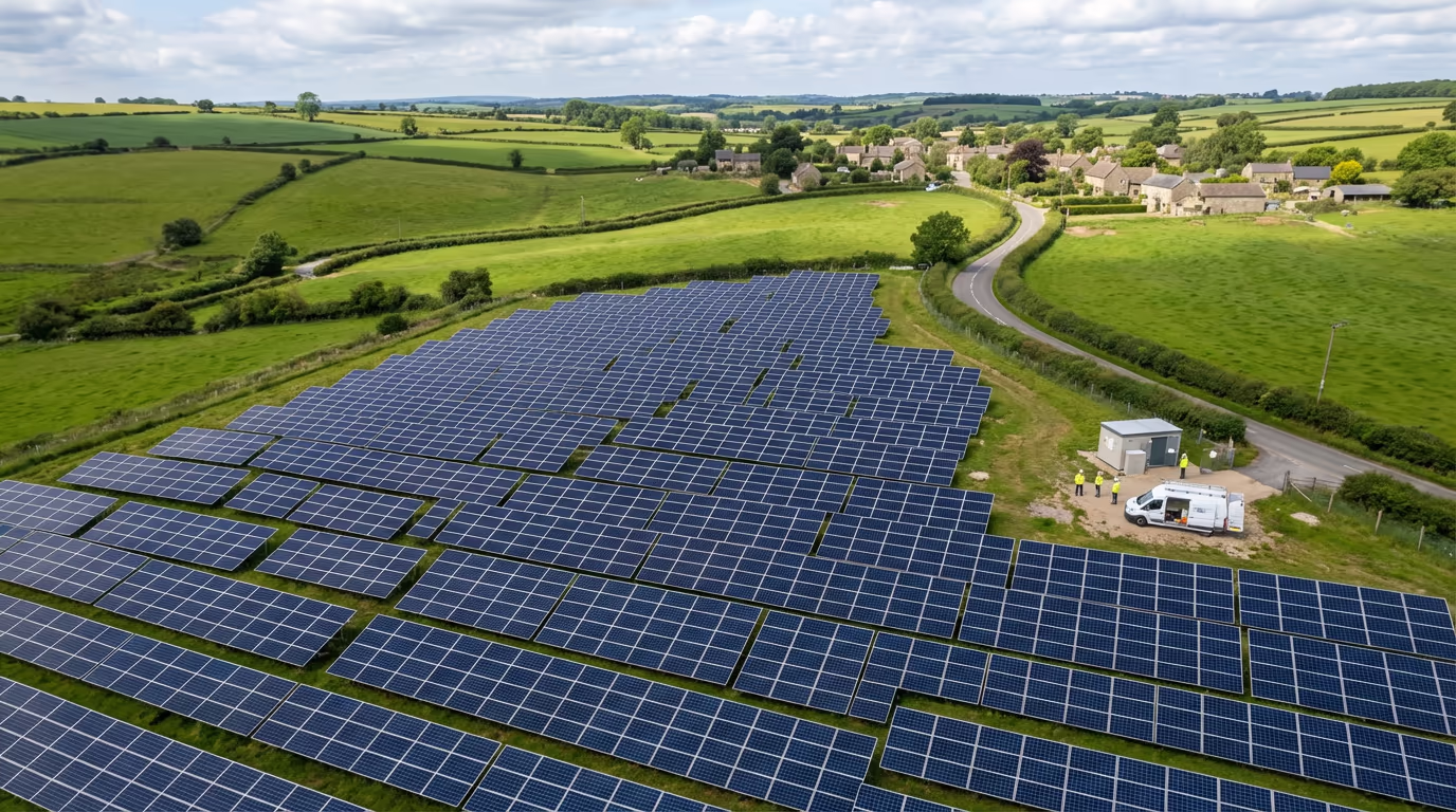 Drone surveying solar farm with thermal imaging camera in UK