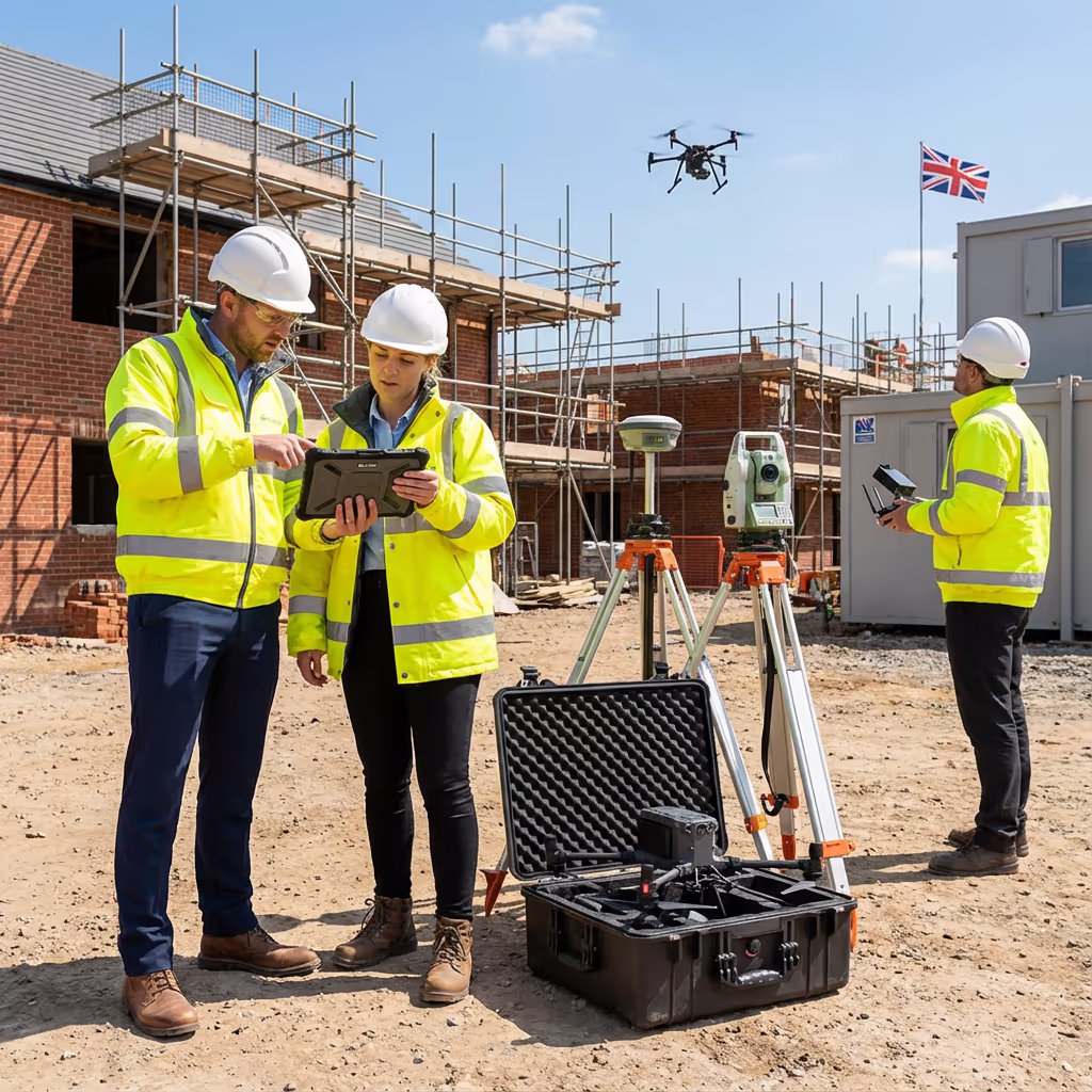 Drone surveyor reviewing topographic data on tablet at UK development site