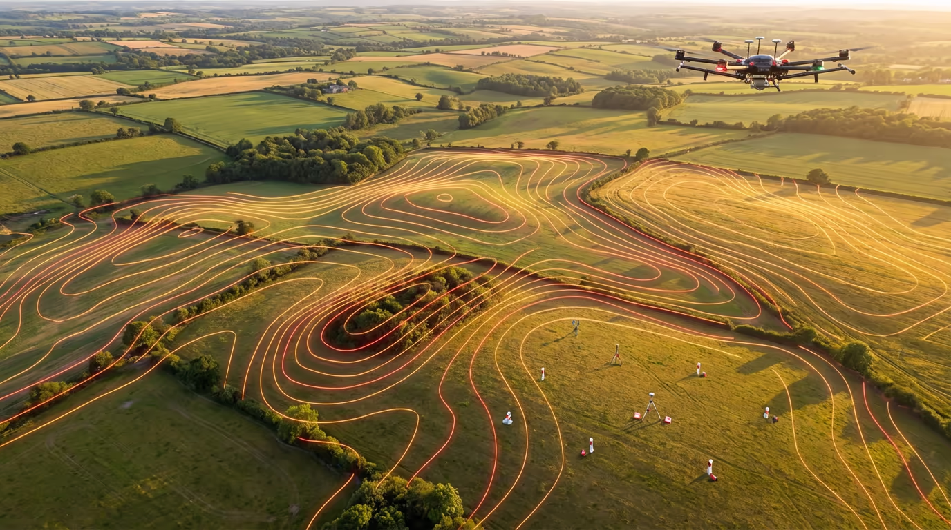 DJI drone capturing topographic survey data over UK development site