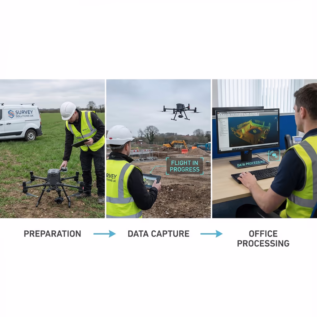 Drone surveyor preparing DJI drone for topographic survey flight