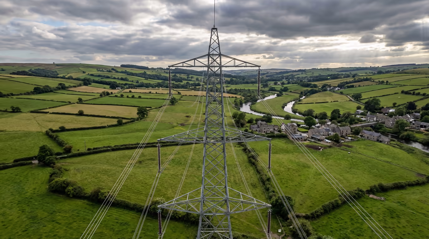 Drone view of power line corridor and utility infrastructure across UK countryside