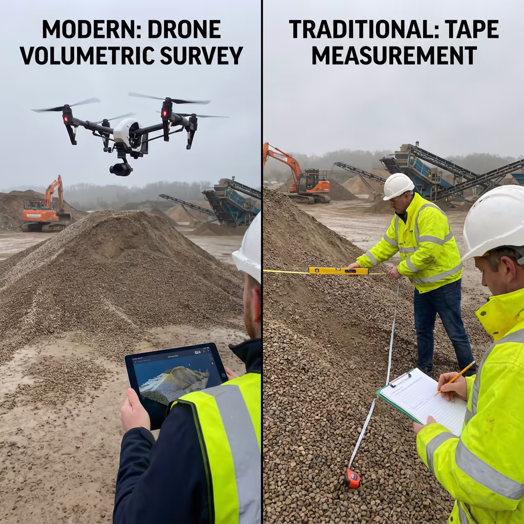 Drone volumetric survey compared to traditional tape measurement methods