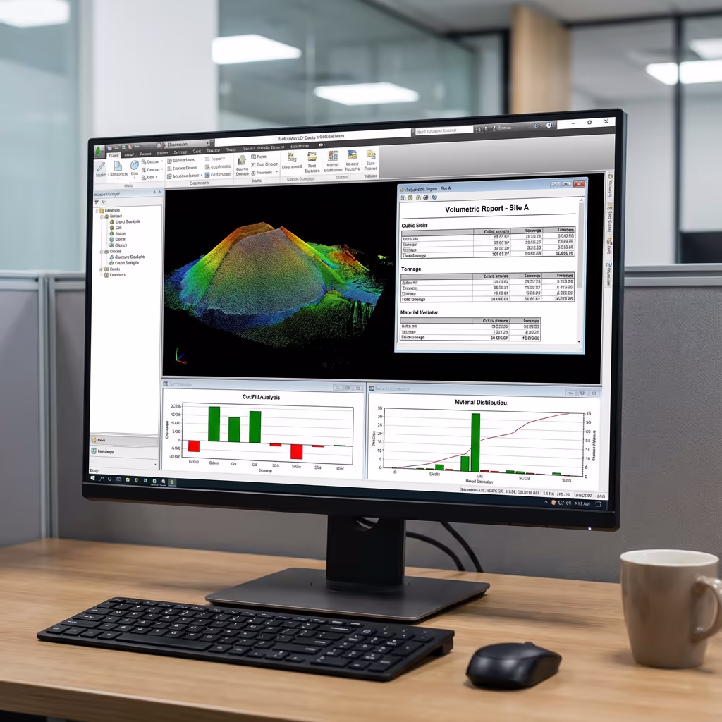 Computer screen showing volumetric reports and 3D stockpile models