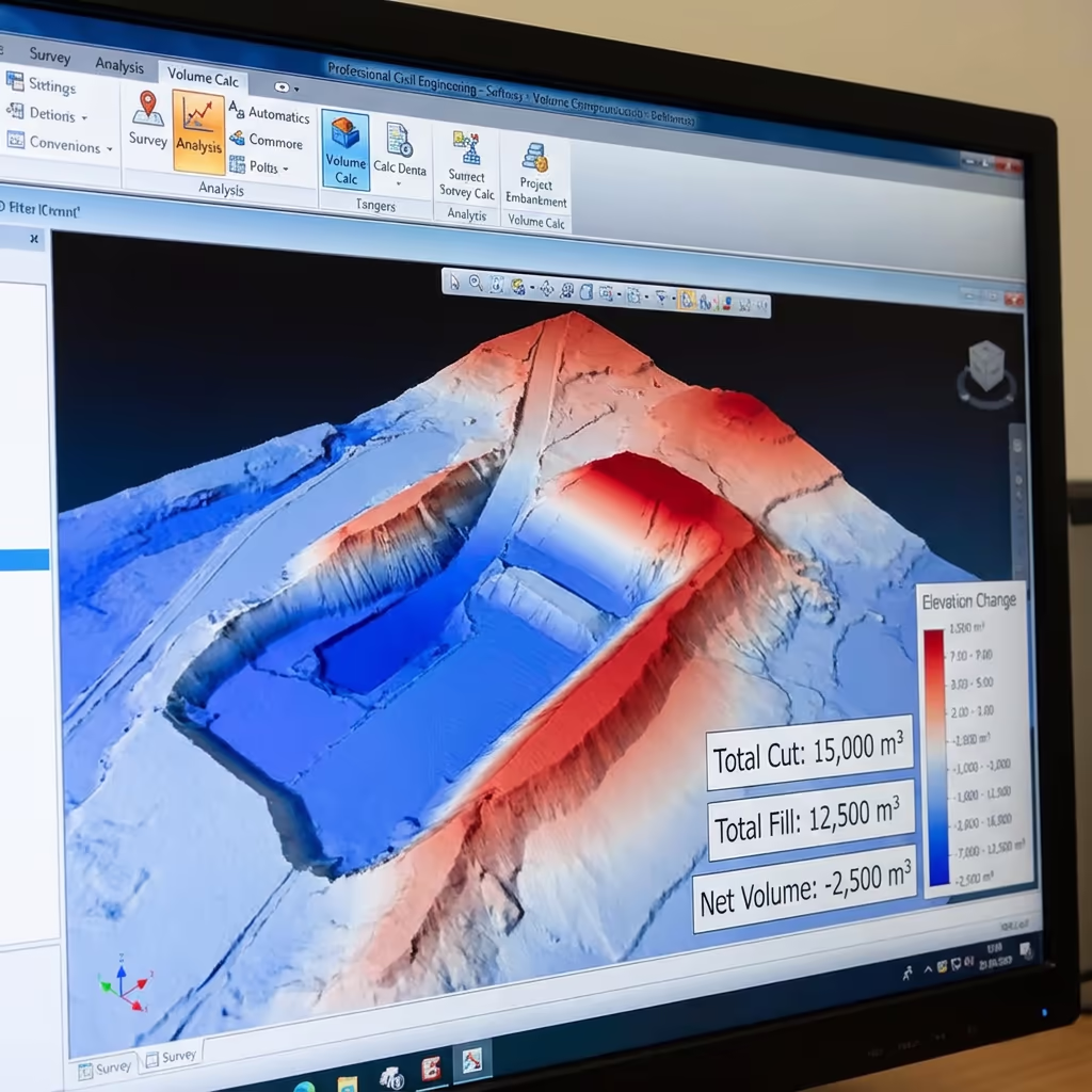 Cut/fill analysis visualization with colour-coded volume changes