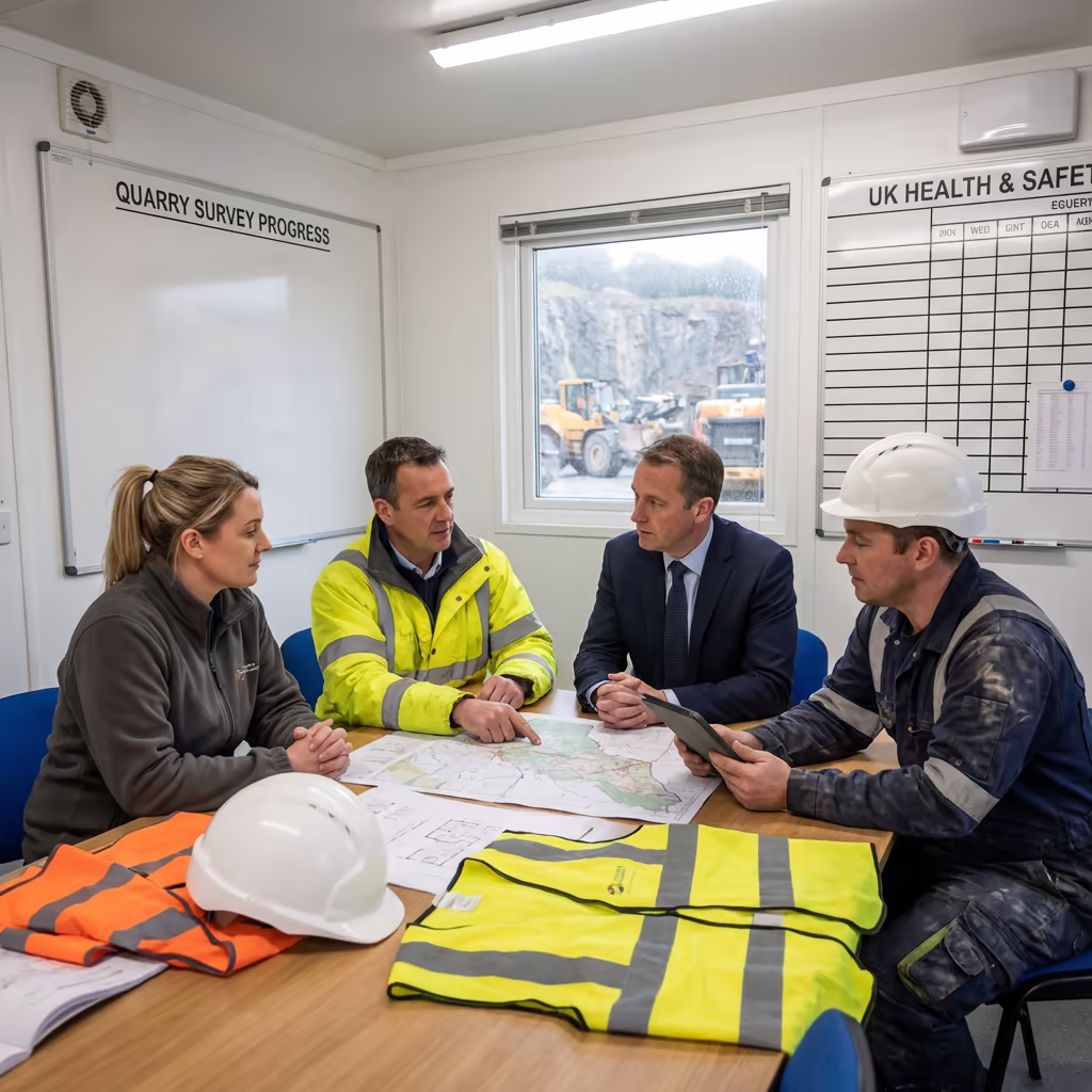 Survey team meeting with quarry manager for volumetric survey planning