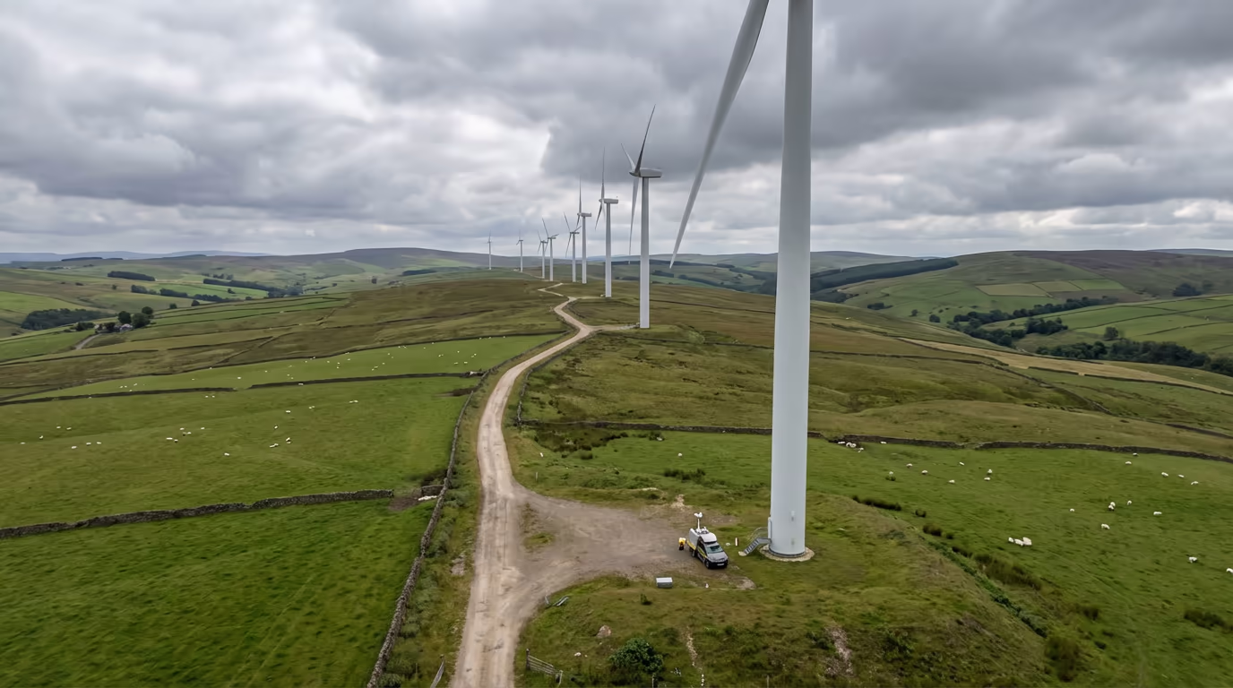 Drone view of wind turbines on UK hillside during professional survey