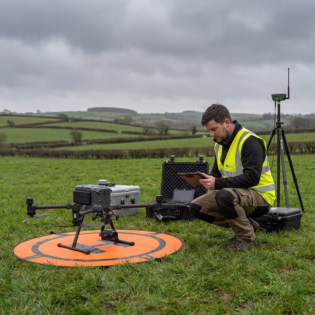 Drone pilot preparing equipment for wind turbine inspection at UK wind farm