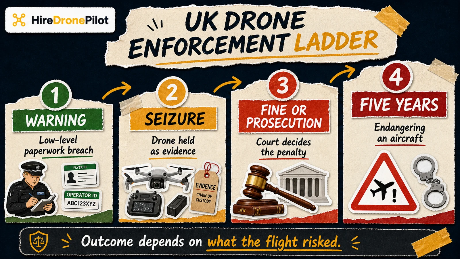UK drone enforcement ladder showing escalation from warning to seizure, fine or prosecution, and five years for endangering an aircraft