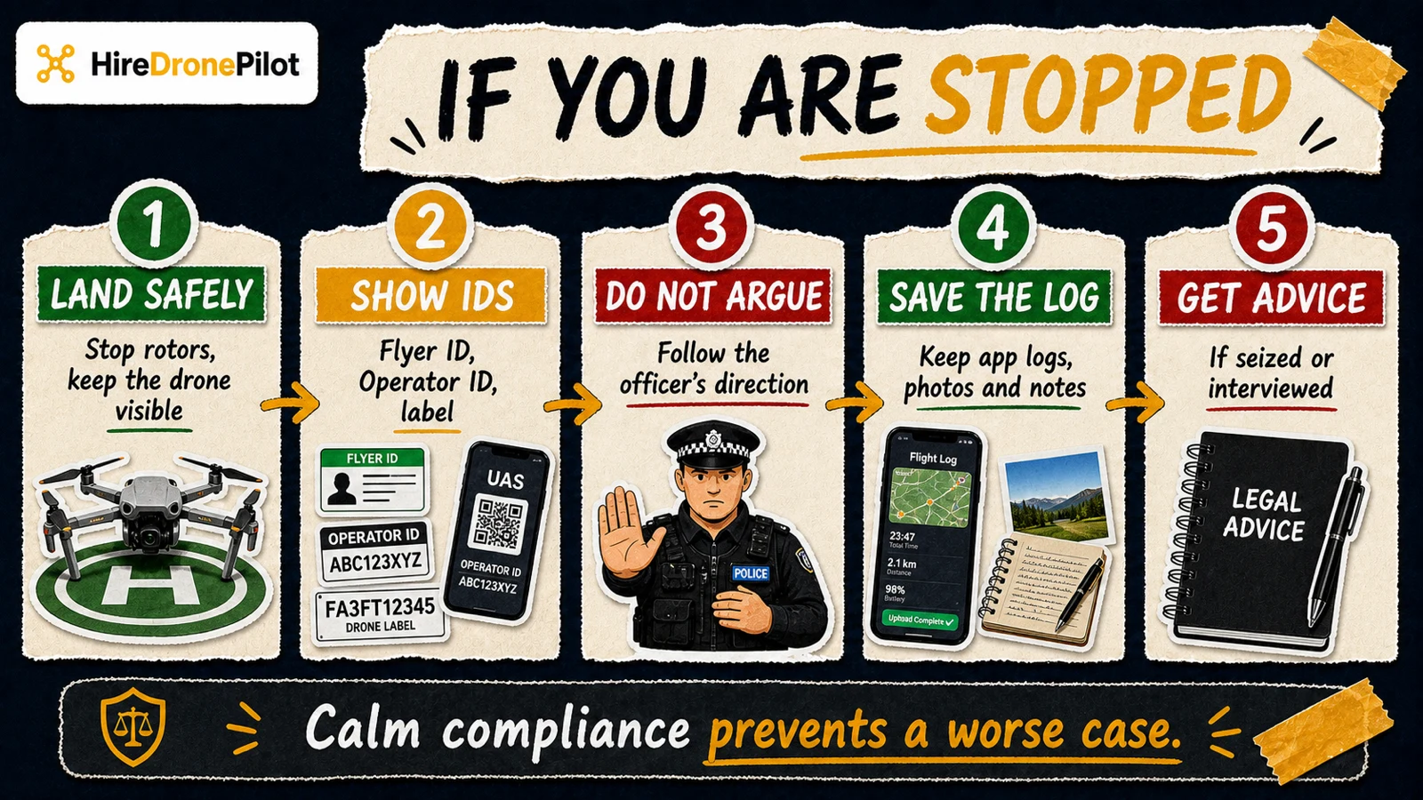 Checklist showing what to do if stopped after a suspected illegal drone flight: land safely, show IDs, follow directions, save logs and get advice