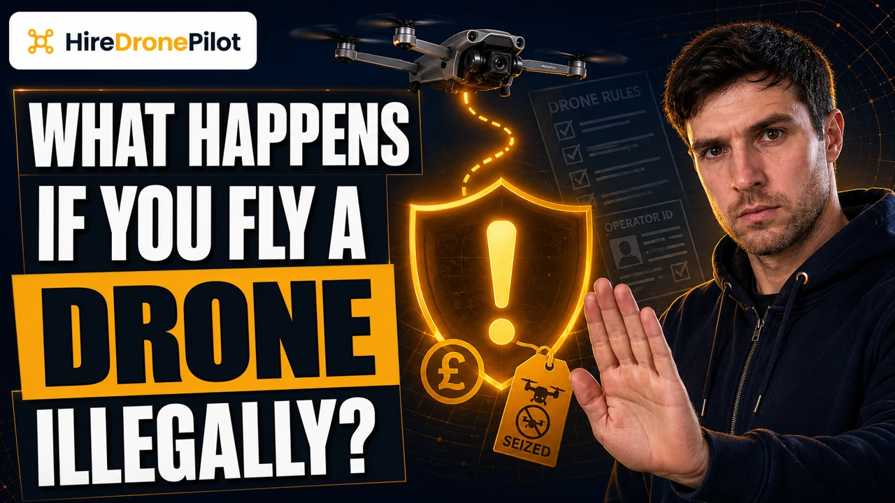 Peter Leslie warning about UK illegal drone flying penalties with a drone and amber warning graphic