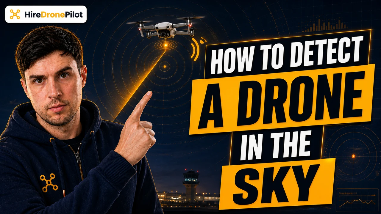 How to detect a drone in the sky thumbnail with Peter Leslie, radar scan graphics and a drone overhead