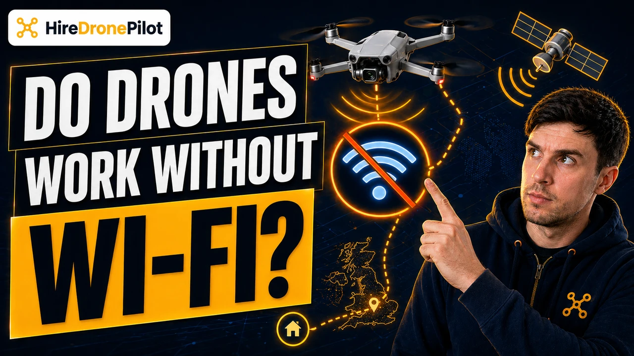 Do drones work without Wi-Fi thumbnail with Peter Leslie, a drone, satellite link and signal icons