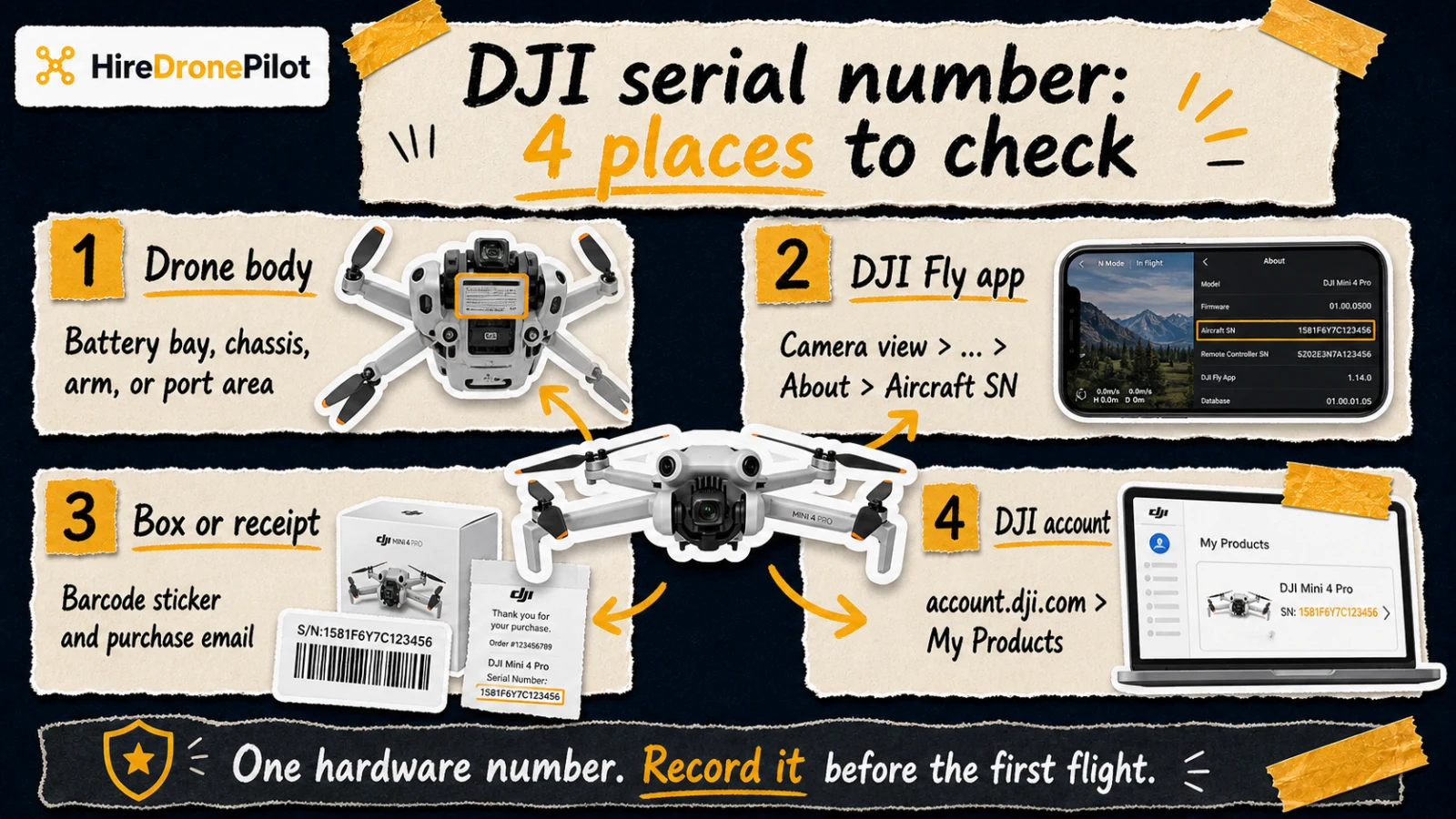 Infographic showing the four places to check a DJI drone serial number: drone body, DJI Fly app, box or receipt, and DJI account