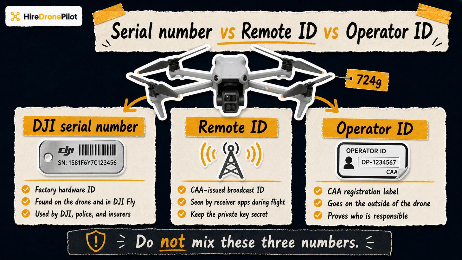 Infographic explaining the difference between a DJI serial number, Remote ID, and CAA Operator ID