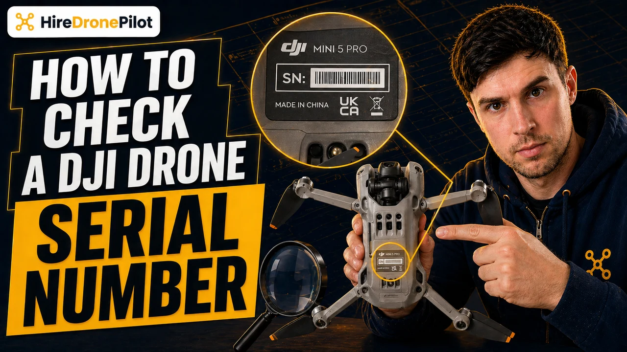 Peter Leslie pointing at a DJI drone serial number label with How To Check DJI Drone Serial Number text