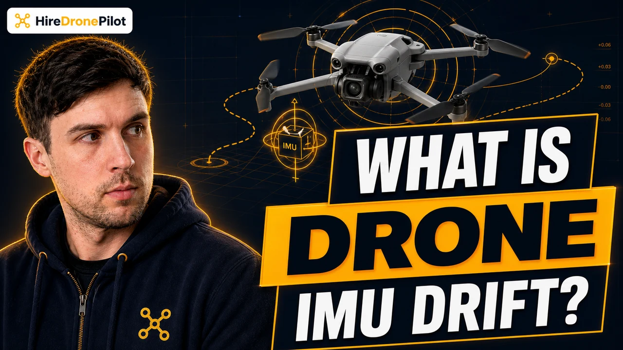 Peter Leslie beside a drone IMU drift warning graphic