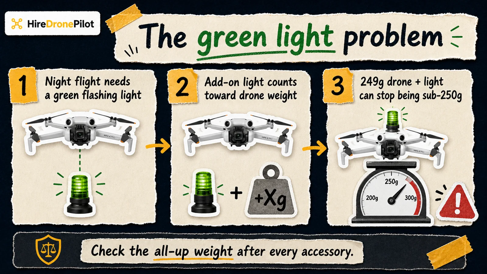 Infographic explaining that night drone flights need a green flashing light and that an add-on light counts toward the all-up weight of a 249g drone.