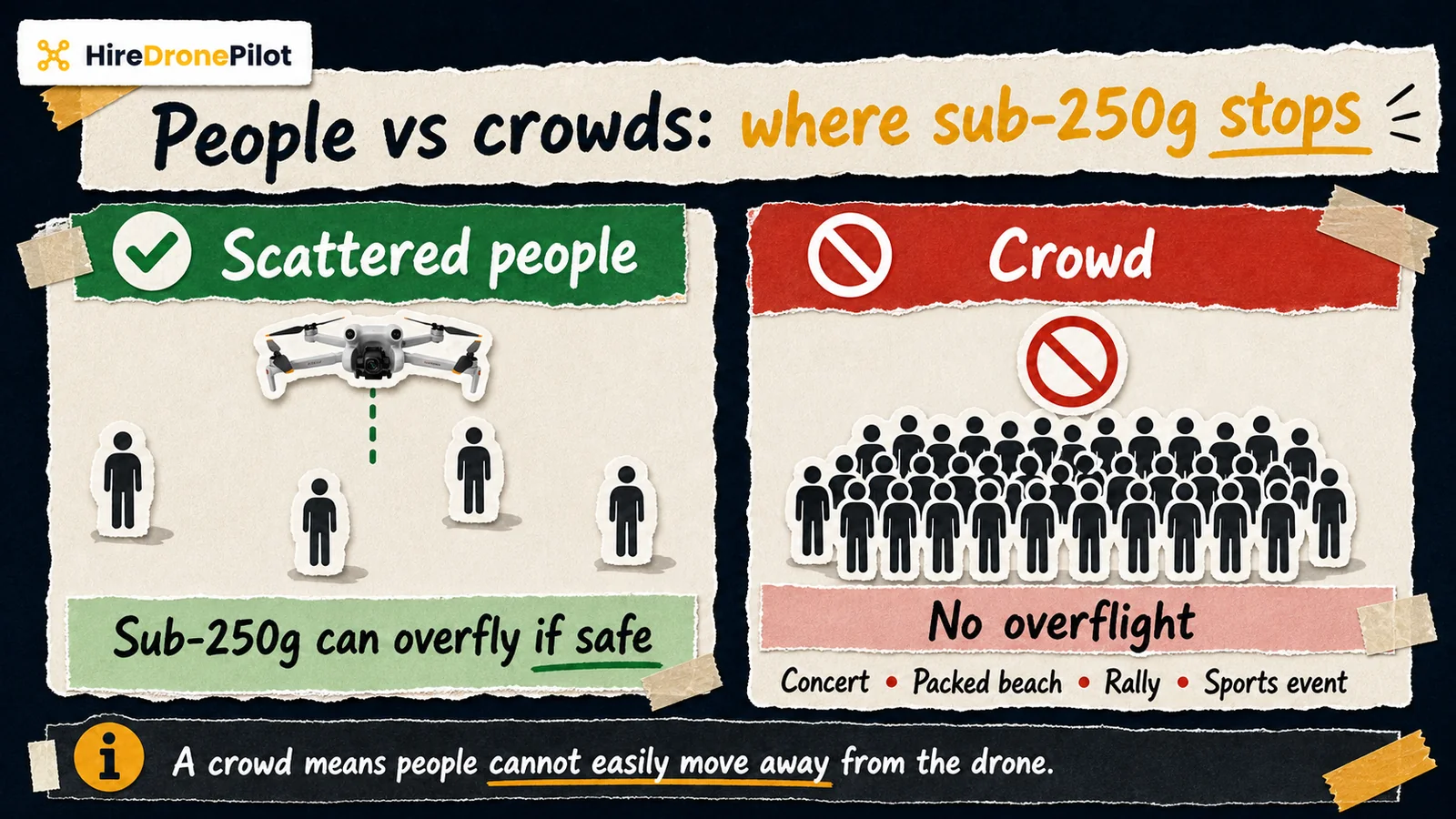 Infographic explaining that a sub-250g drone can overfly scattered people if safe, but cannot overfly a crowd that cannot easily move away.