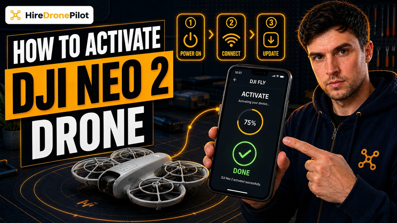 How to activate DJI Neo 2 drone thumbnail with Peter Leslie, DJI Fly activation screen and the drone