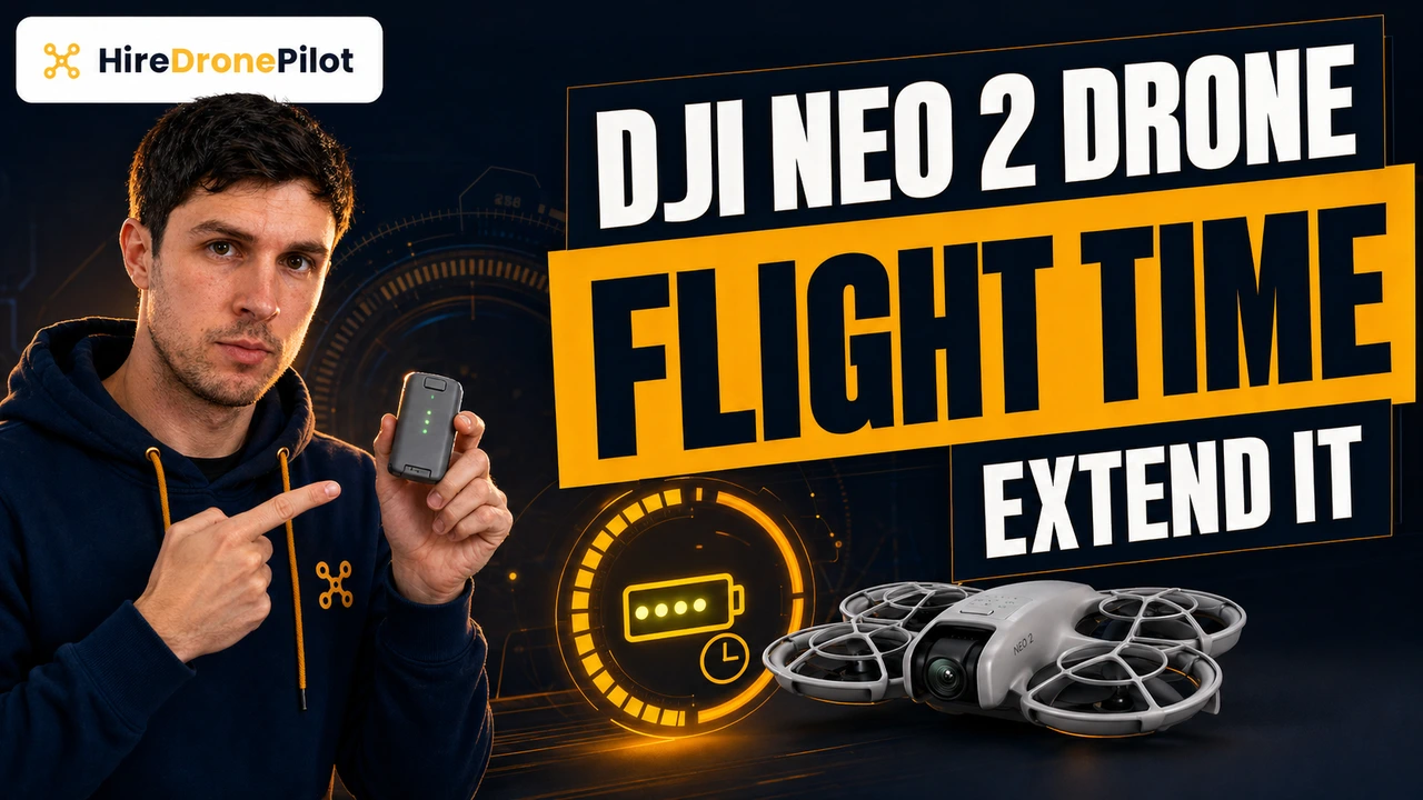 DJI Neo 2 drone flight time thumbnail with battery and timer graphic