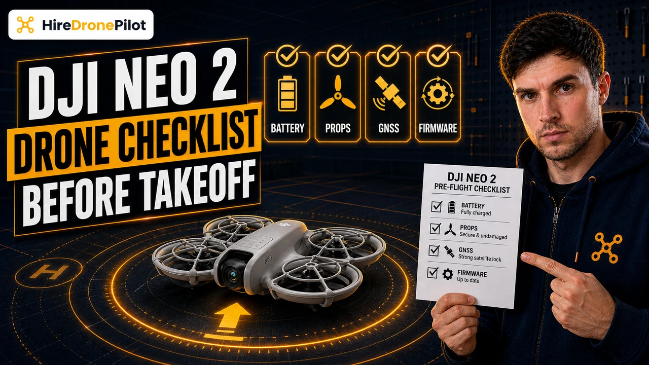 DJI Neo 2 drone pre-flight checklist thumbnail with Peter Leslie, checklist icons and the drone on a landing pad