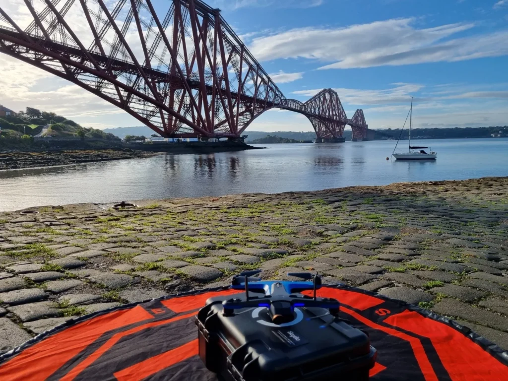 Drone survey setup beside the Forth Rail Bridge, Scotland